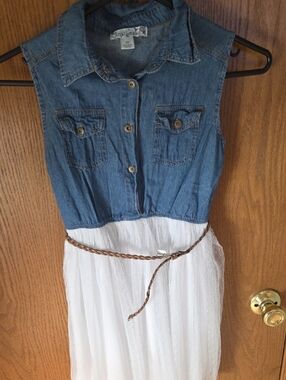 Knitworks Denim Top White Skirt Casual Girls Dress with Brown Belt